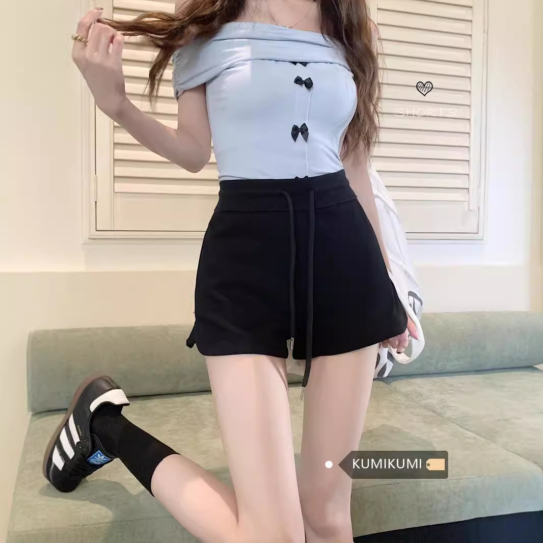 2025 Grey Drawstring Casual Shorts Women's Summer High Waist Slimming Loose Straight Leg Pants Sports Outer Wear Hot Pants