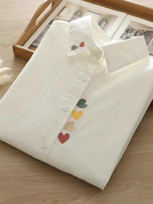 Spring and Autumn Korean Fan Artistic Fresh Style Cartoon Embroidered Love Cotton Shoulder White Shirt Women's Summer Long Sleeve Sunscreen Shirt