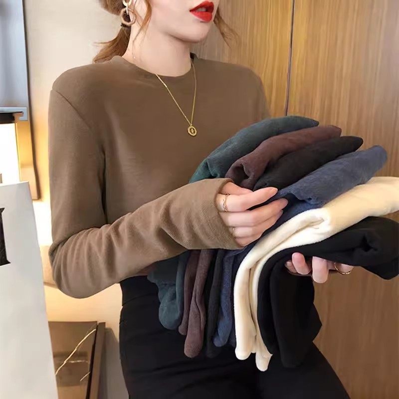 [high quality a lot of in stock] round neck thread velvet base shirt women's new slim inner long sleeve all-match