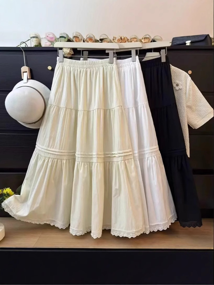 French Style Lace Skirt Women's Spring and Summer 2025 New Style Slimming Mid-length A- line Skirt with Loose Waist and Hip Covering
