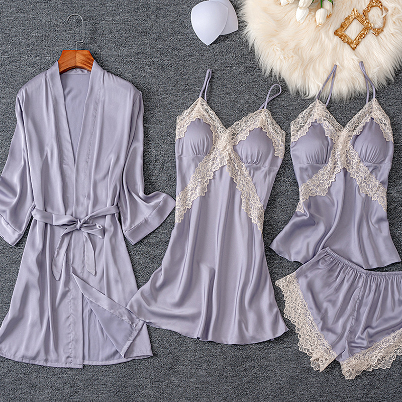 Picture of Spring and Summer Women's Pajamas, Ice Silk Thin Five-Piece Set, Sexy Camisole Nightdress, Large Size Loose Nightgown with Chest Pad, Loungewear
