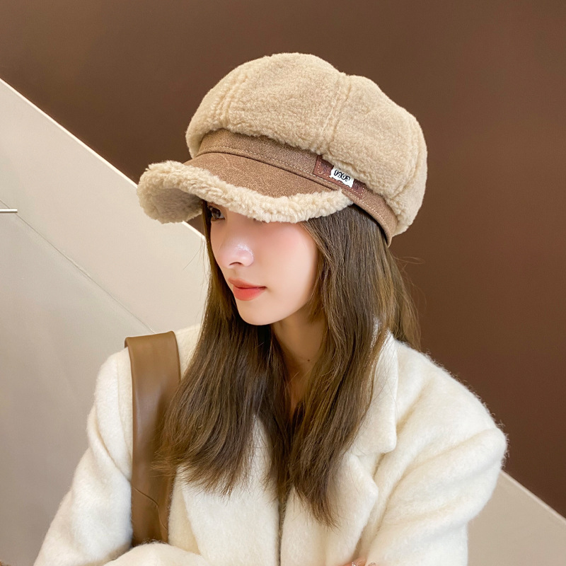 2025 Korean Autumn and Winter New Hat Women's Imitation Cashmere Fashionable Leather Label Octagonal Hat Winter Warm and Cold-Proof Peaked Hat