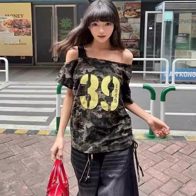 Official Image American Retro Camouflage Off-Shoulder Design Short-Sleeve Trendy Loose Street Slimming Women's Top