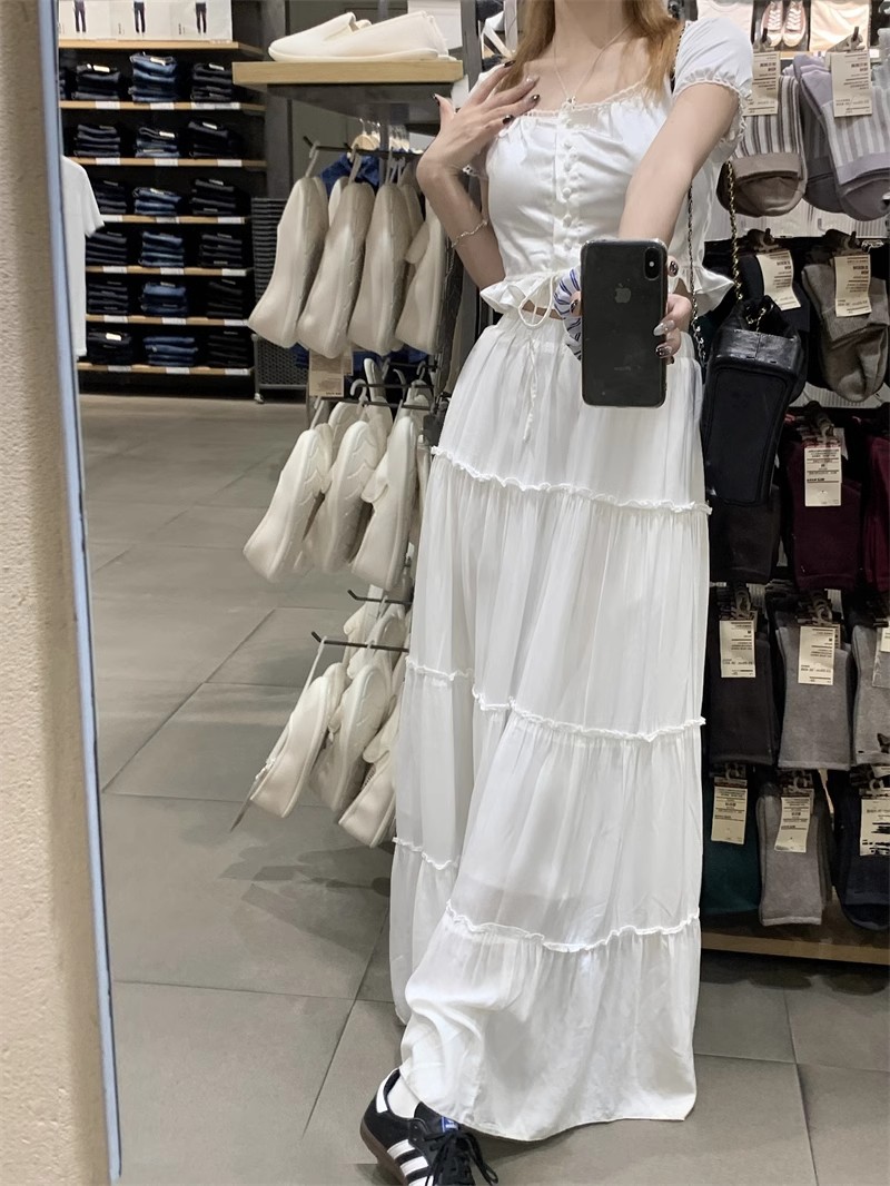 Gentle style white lace skirt 2025 spring new plus size women's high waist fashion A- line cake skirt