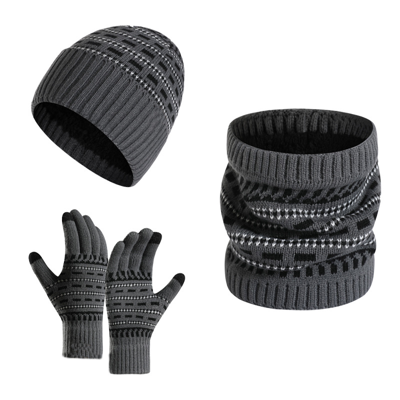 Picture of 2025 European and American Autumn and Winter Men's Warm Woolen Hat Knitted Thickeneded Adult Hat Neck Scarf Gloves Three-Piece Set Manufacturer