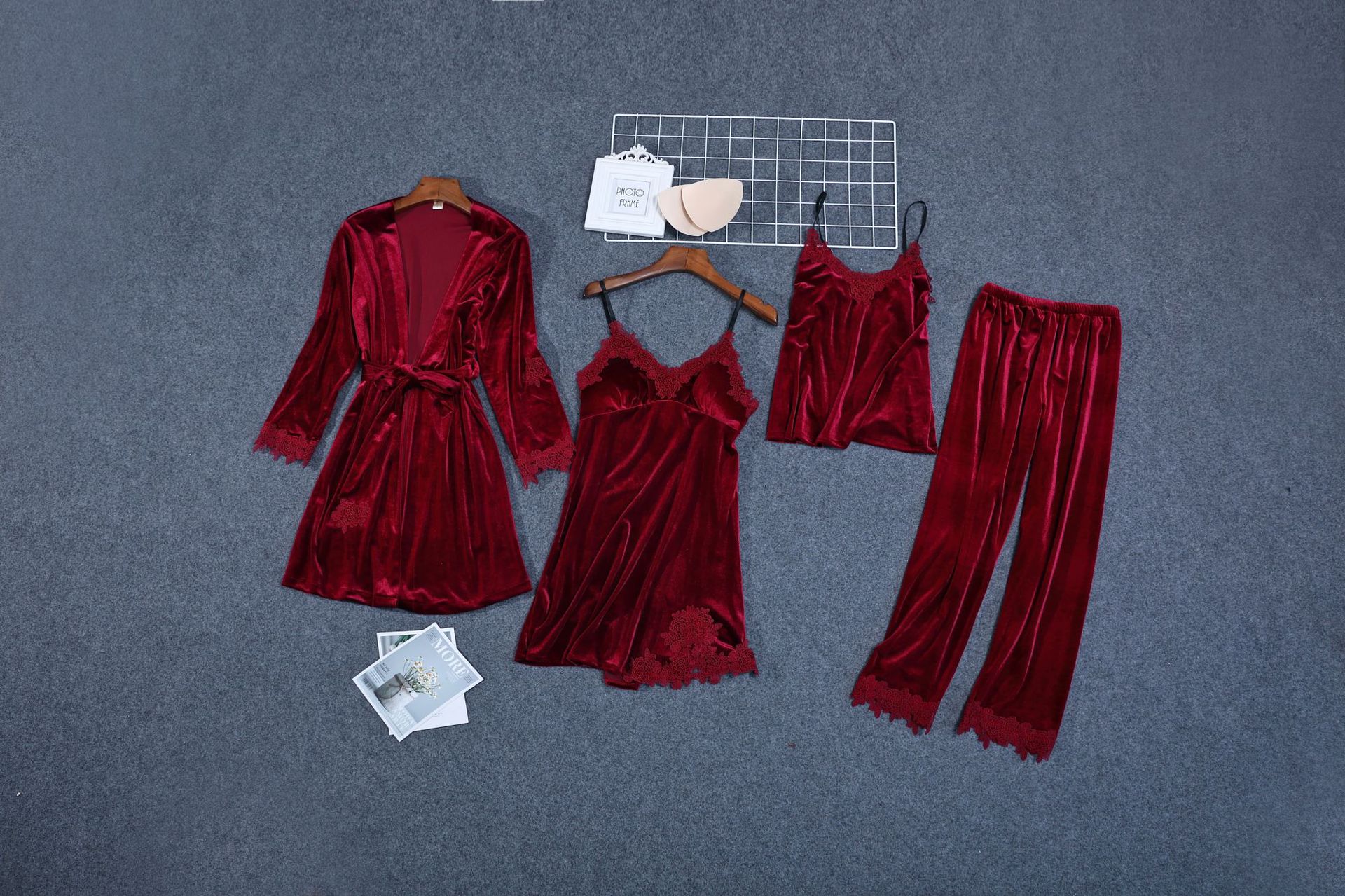 Pajamas women's spring, autumn and winter gold velvet four-piece set sling nightgown with chest pad suit sexy homewear