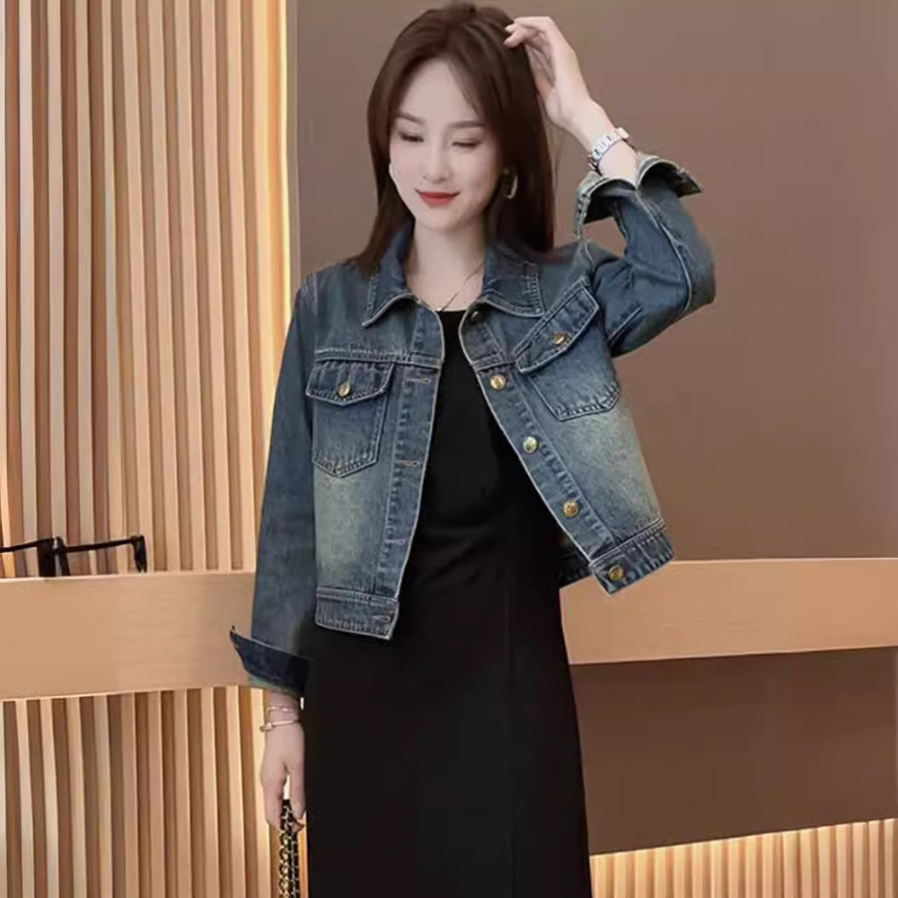 2024 Spring and Autumn New Slim Denim Jacket Women's All-match POLO Collar Long Sleeve Jacket Short Top Trendy