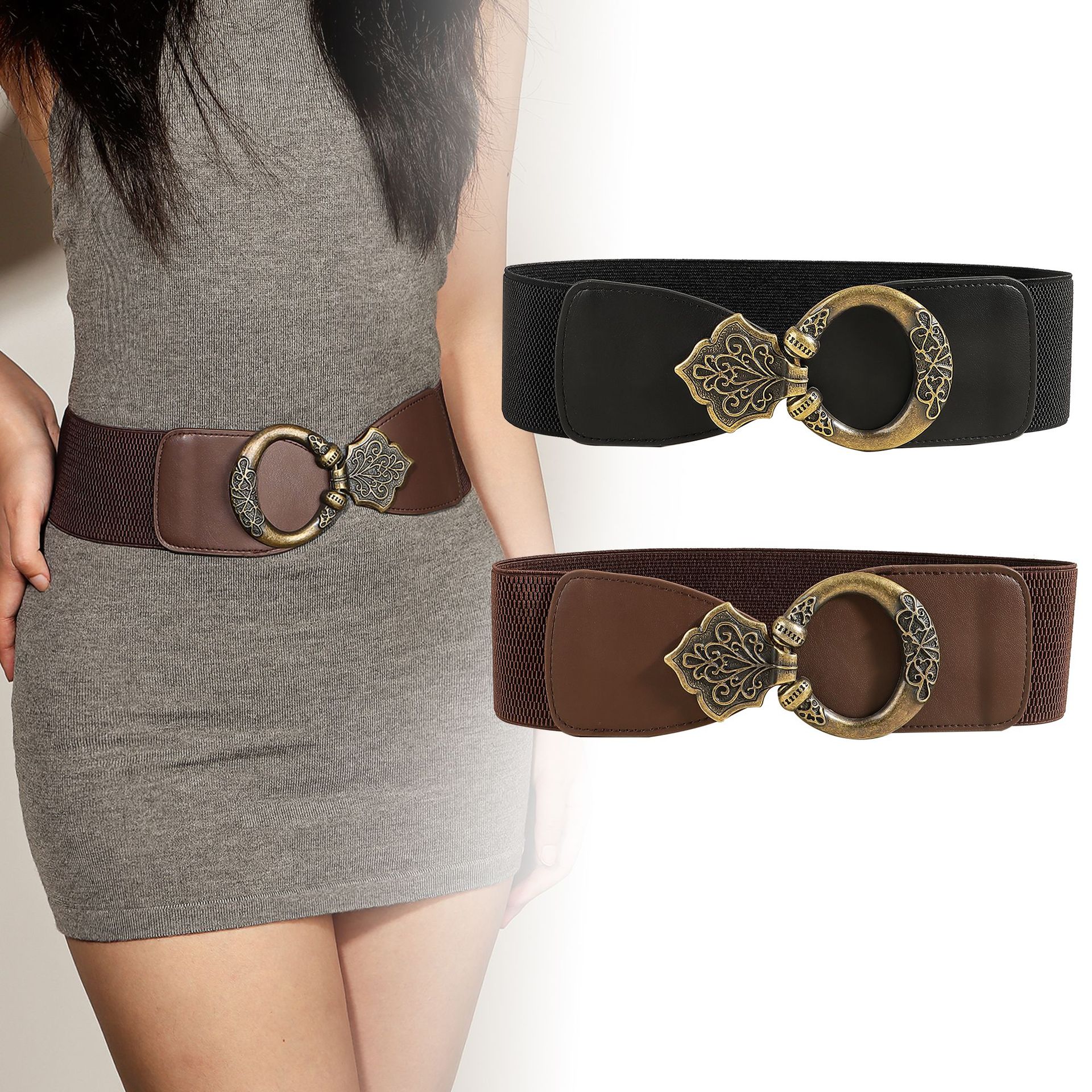 Cross-border European and American niche versatile retro sense women's new elastic elastic band versatile dress decorated waist seal