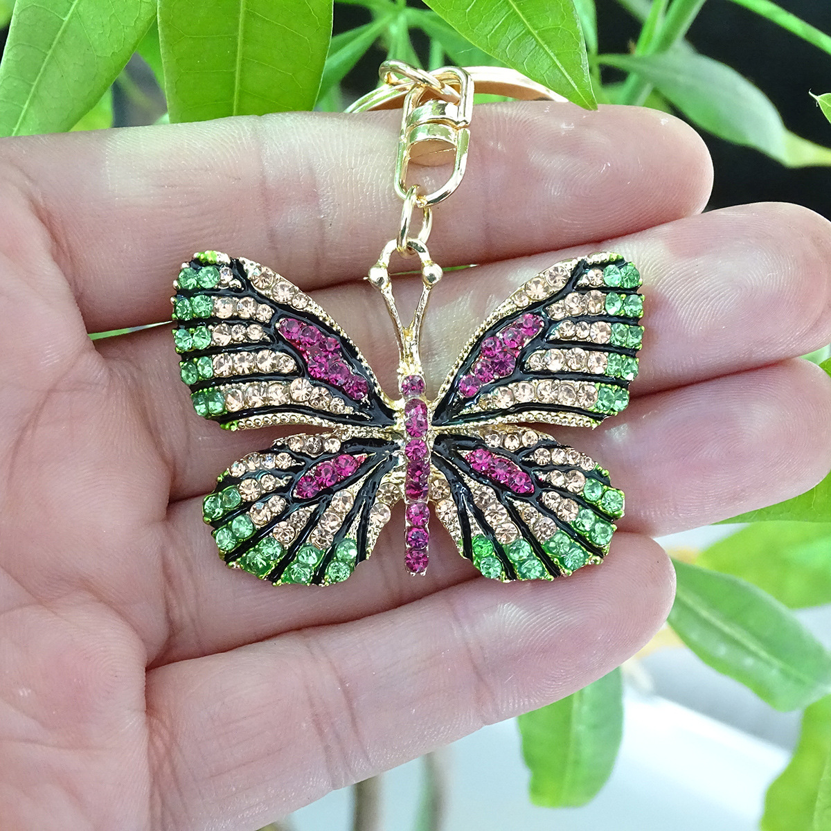 Fashion creative diamond butterfly key chain backpack pendant colored diamond with metal key ring holiday gifts