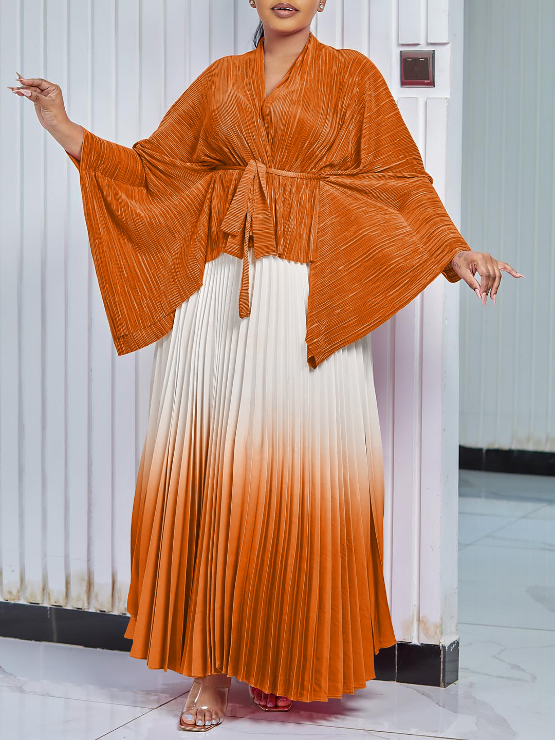 Q120 New Amazon European and American Fashion Pleated Simple Solid Color Top Gradient Large Dress suit Two-piece Set