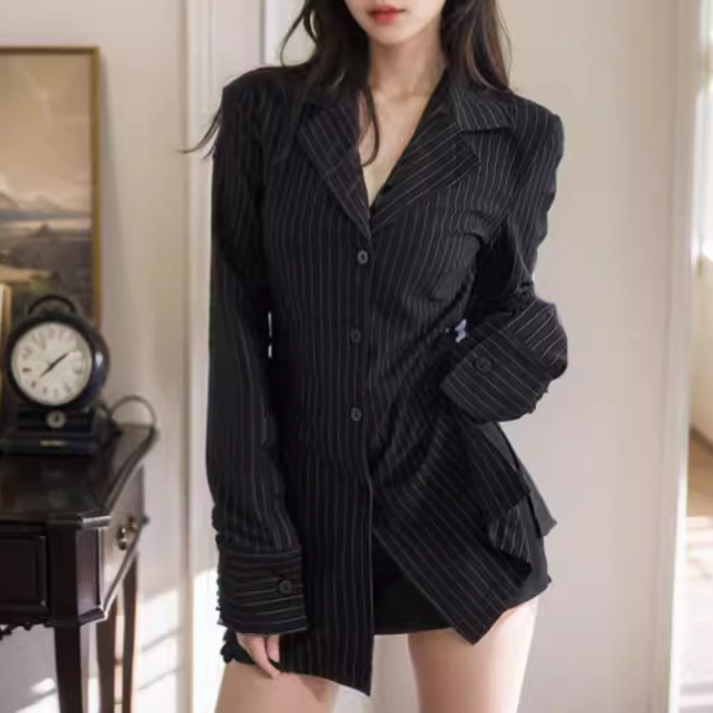 Black Striped Long-sleeved Shirt Women's Spring and Summer 2024 New Elegant All-match Slim-fit Tight Waist Slimming Mid-length