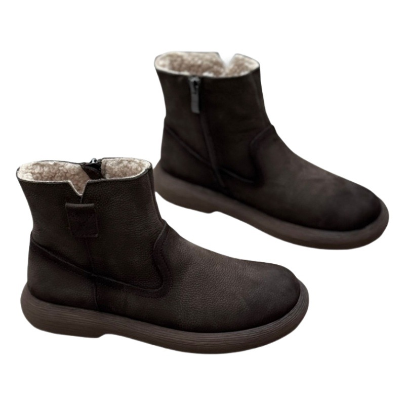 Retro Handmade Genuine Leather Cotton Boots 24 Winter New Round Toe Flats Soft Cowhide Velvet Lining Warm Women's Short Boots
