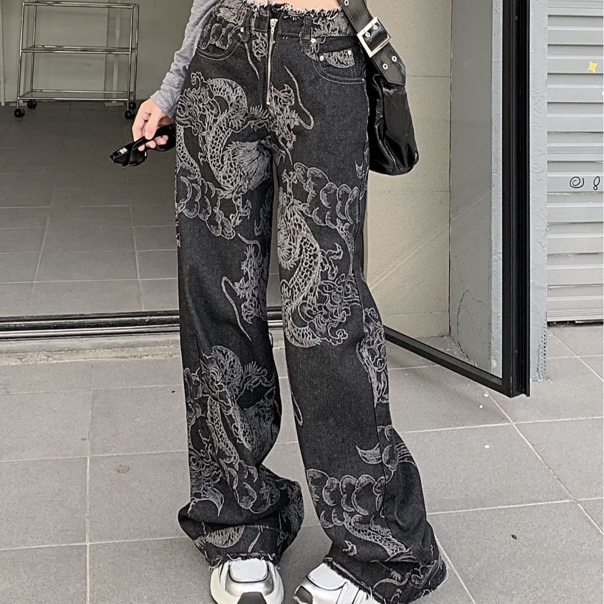 Picture of American National Trend Dragon Pattern Print Sense of Design Design Raw Edge Wide Leg Jeans for Women High Waist Loose Slimming Look Floor Mopping Pants