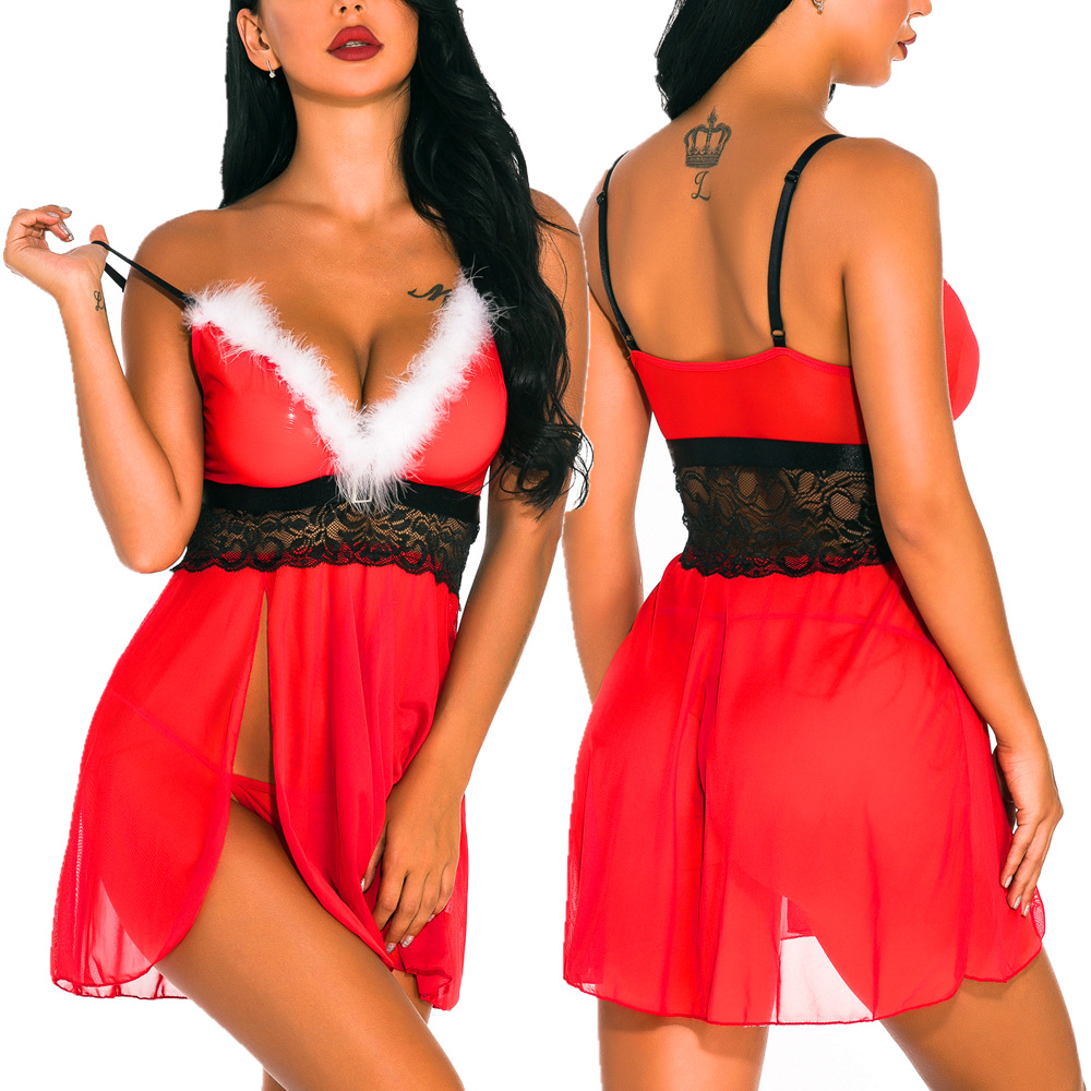 Role-playing sexy lingerie European and American women's Christmas uniform sexy lace hollow-out suspender dress Christmas clothing