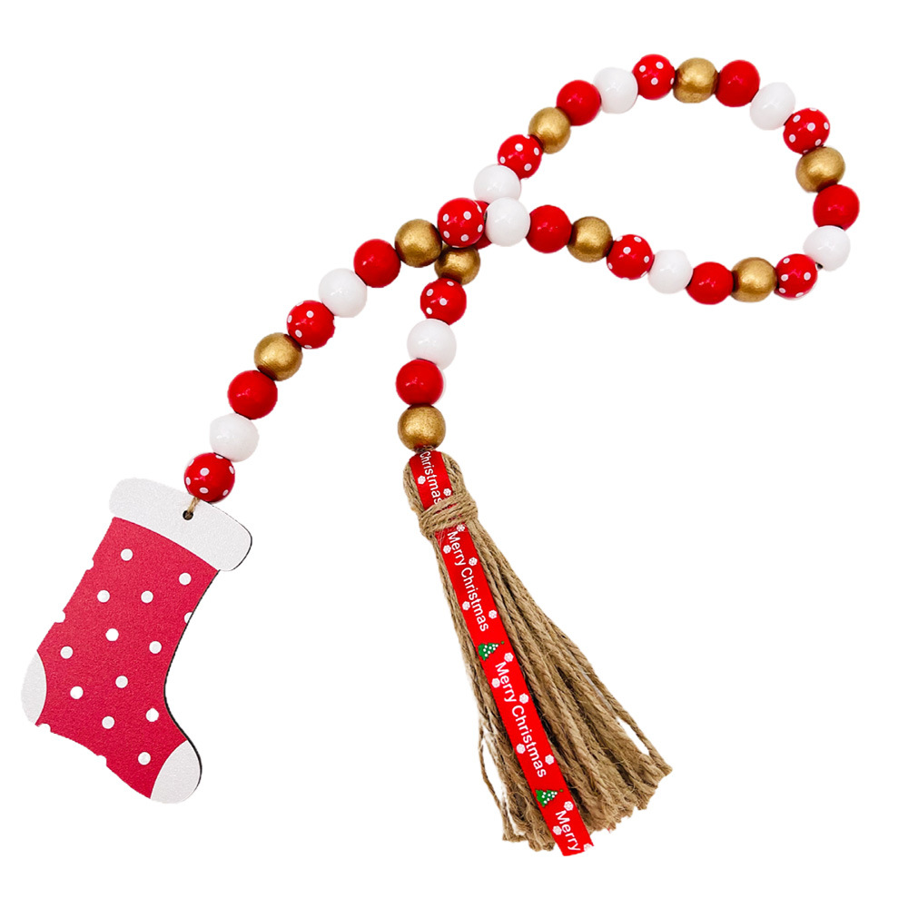 Picture of Christmas Wooden Beads Hemp Rope Tassel Beads Christmas New Wooden Pendant Wooden Ornaments Tray Decoration