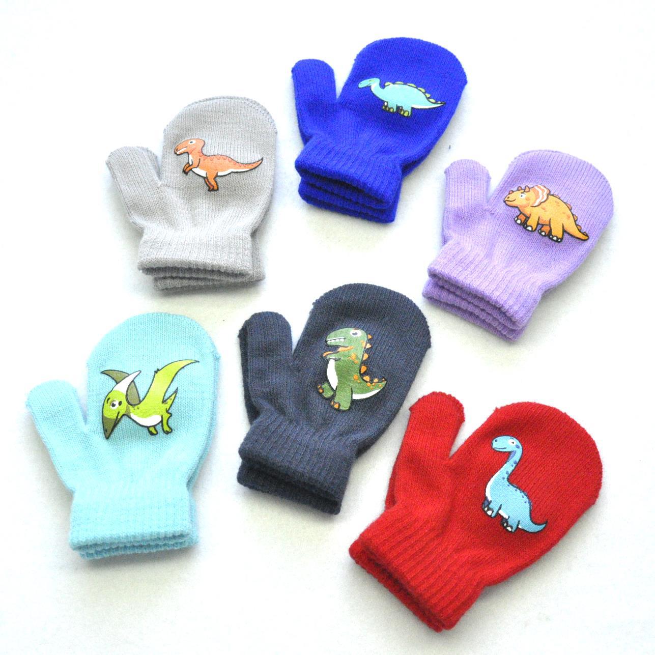 Kindergarten Children's Winter Outdoor Sports Warm Wool Gloves PVC Printing Small Dinosaur Pattern Knitted Gloves
