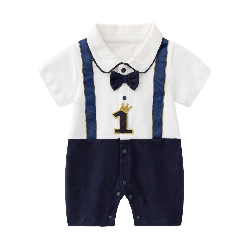 Picture of Newborn Gentleman One-Year-Old Dress Baby Short-Sleeved Hatshirt College Style Baby Summer One-Body Clothes Thin Climbing Suit
