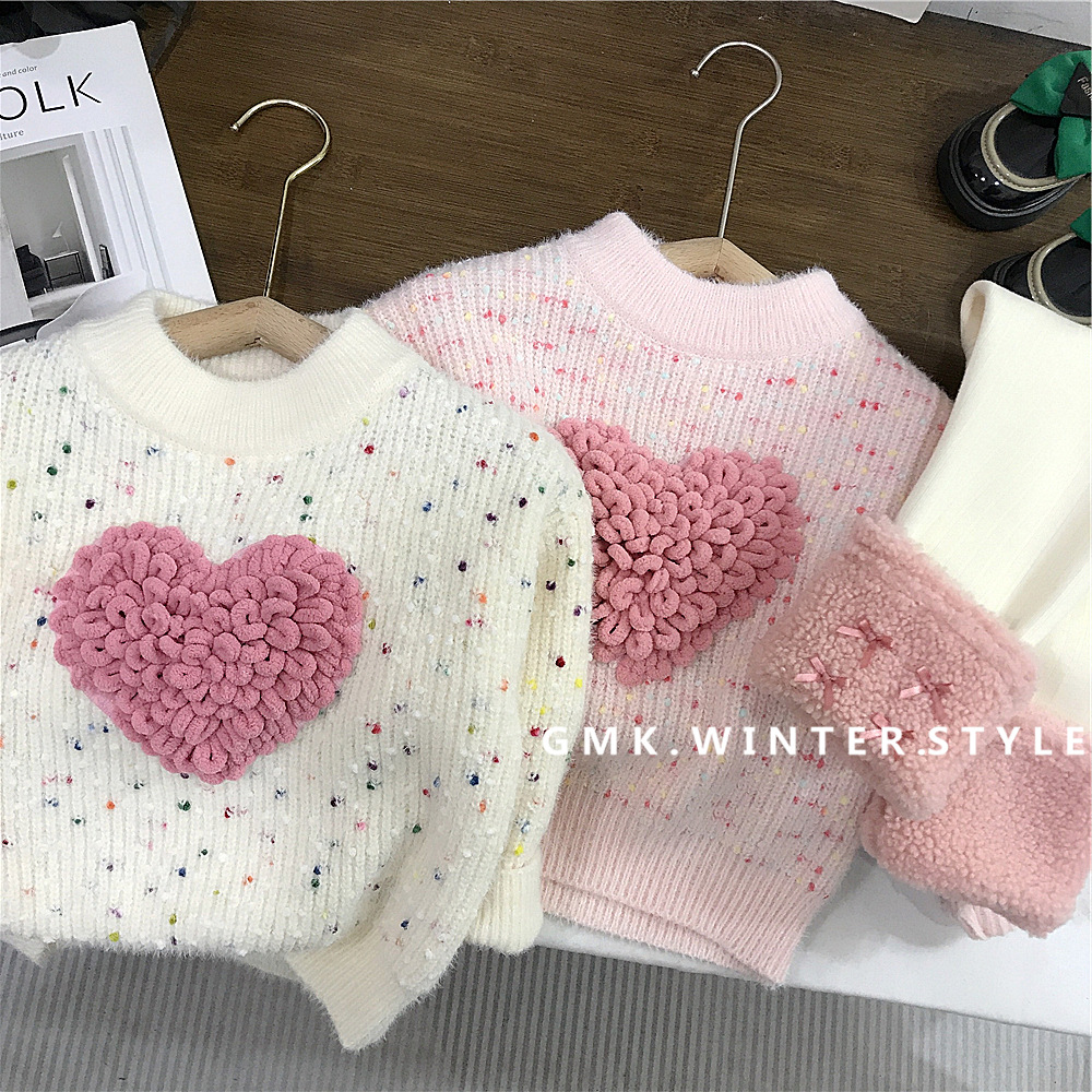 South Korea Children's Wear Girls' Sweater New Style Children's Love Tops Little Girl's Knitted Sweater Trendy Foreign Trade