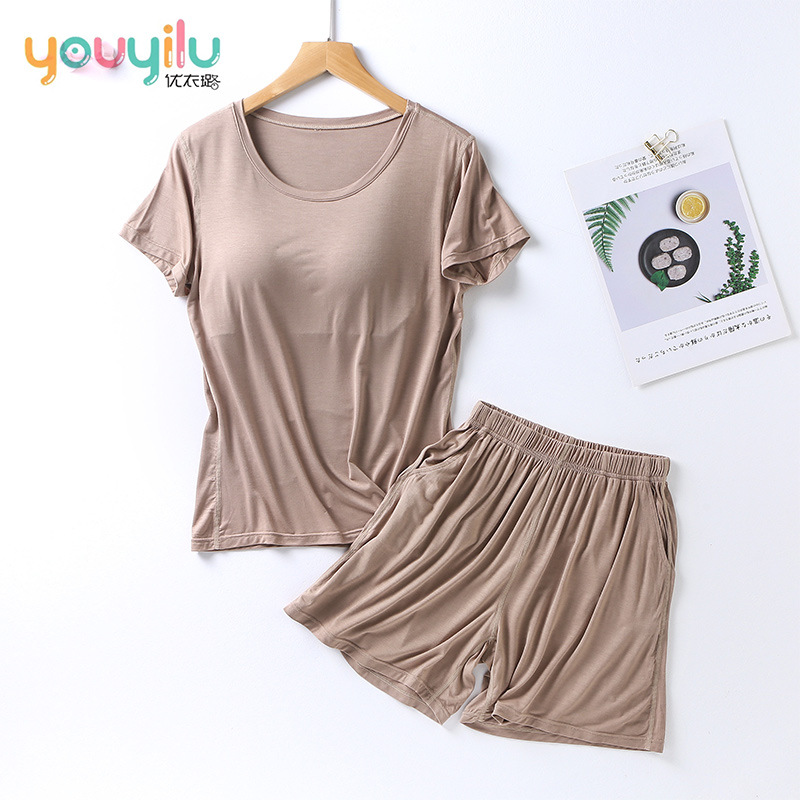 Picture of Modal Women's Suit Cup One-piece Short-sleeved Shorts Pocket-free Slimming Home Pajamas Suit Large Size Women
