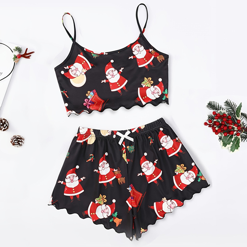 European and American AliExpress autumn and winter Christmas printing two-piece pajamas shorts home wear suit pajamas