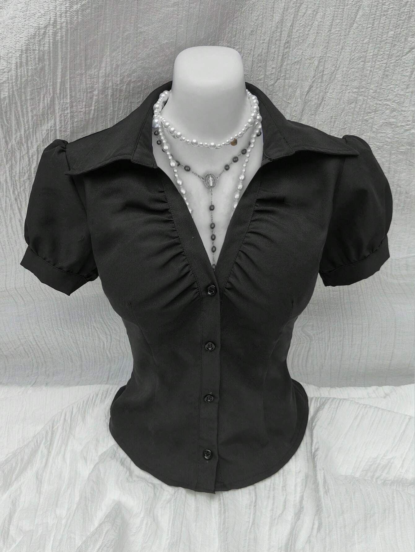 European and American 2025 Amazon wish cross-border new fashion V-neck pleated open chest women's slim-fit short-sleeved shirt