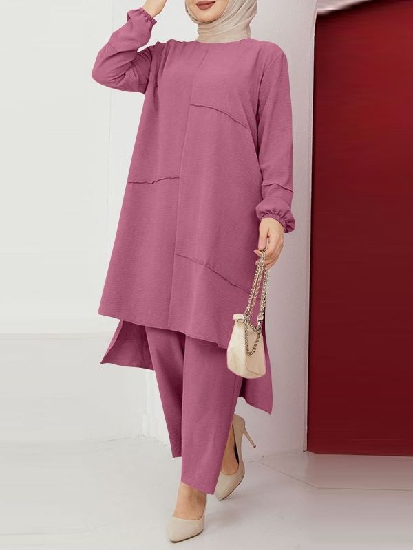 Picture of Muslim Women's Urban Sportswear Two-Piece Elegant Puff Sleeve Shirt Loose Fashionable Wide Leg Pants Suit