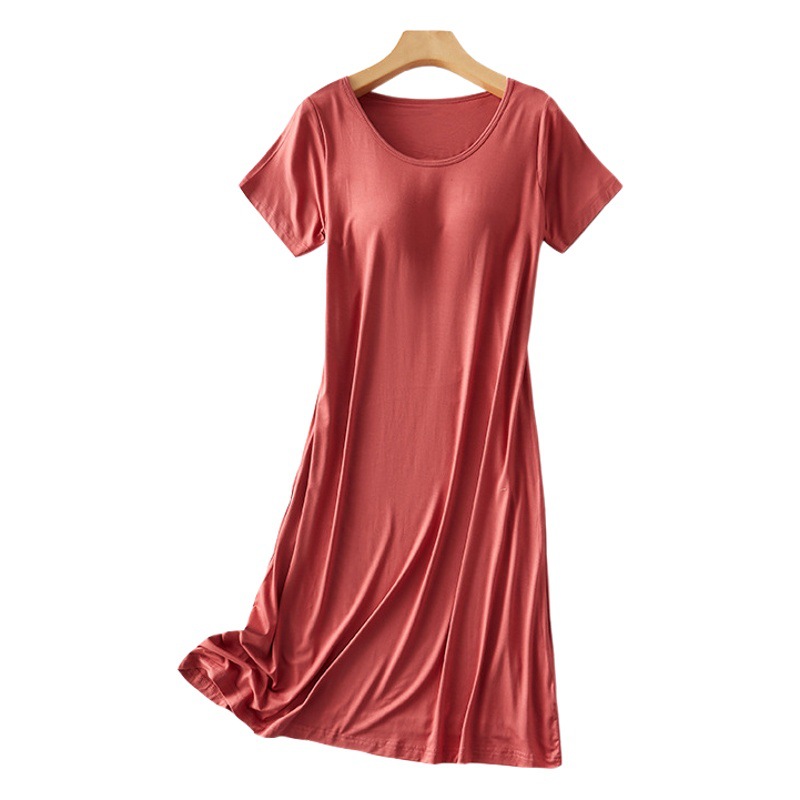 Women's nightdress with chest pad can be worn outside mid-length homewear pajamas short sleeve dress wear-free bra underwear Cup