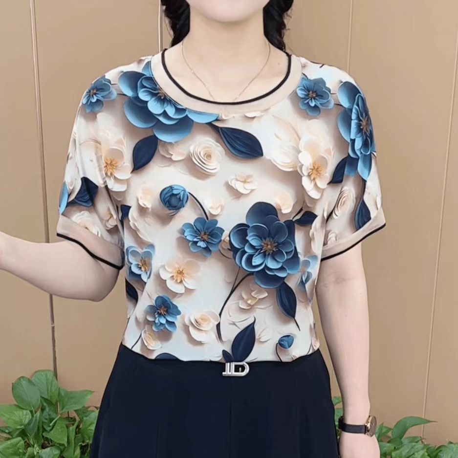 Design foreign style mother summer women's middle-aged and elderly plus size fashion temperament slim all-match age-reducing short sleeve T-shirt