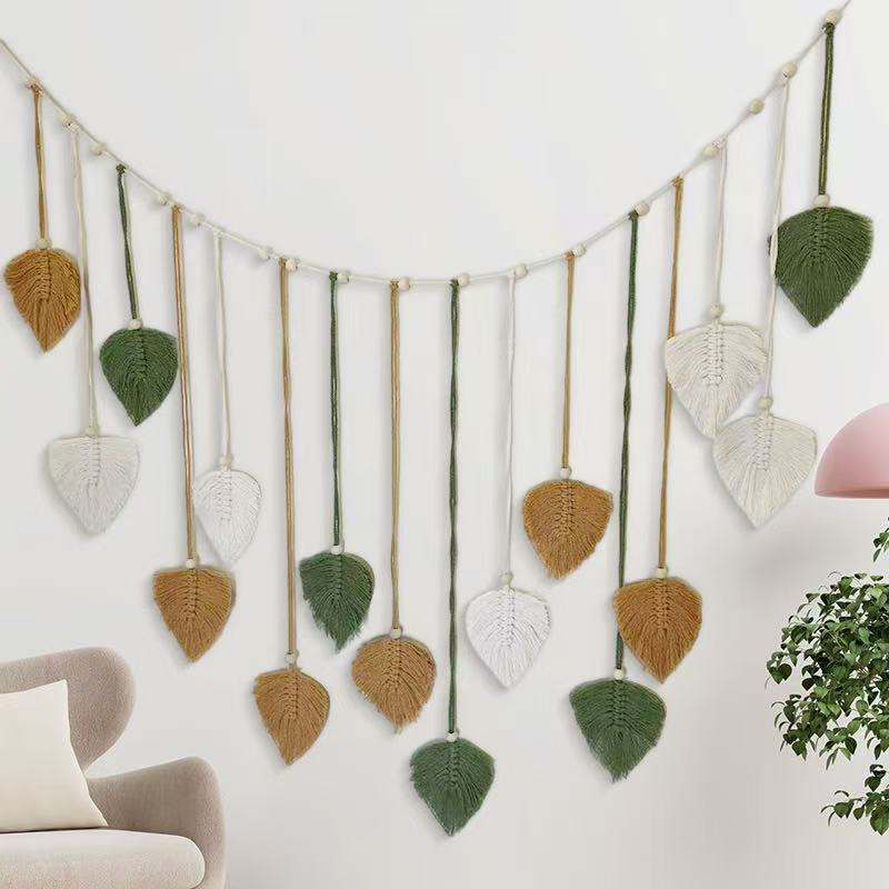 Bohemian Decorative Hand-woven Leaf Tapestry Wooden Beads Leaves Children's Photo Wall Hanging Tassel Wall Hanging