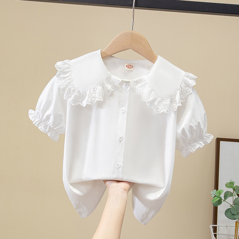 Picture of Girls Short-Sleeved Shirt Summer New Style Medium and Large Children's Summer Pure Cotton Shirt Doll Shirt White Top Cross-Border