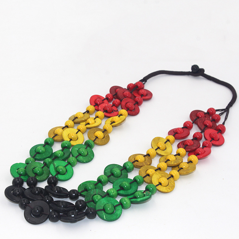 Picture of Bohemian National style necklace coconut shell pendant color multi-layer beads retro woven long necklace women