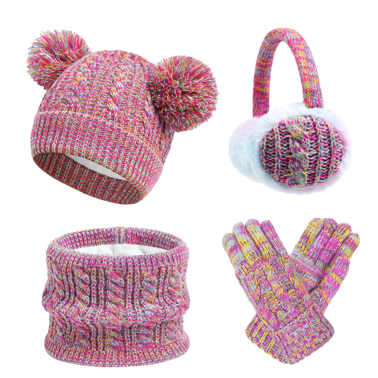 Cross-Border E-Commerce Fleece-Lined 12-Color In-Stock Winter Cute Double-Ball Hat Scarf Gloves Foldable Earmuffs 4-Piece Set