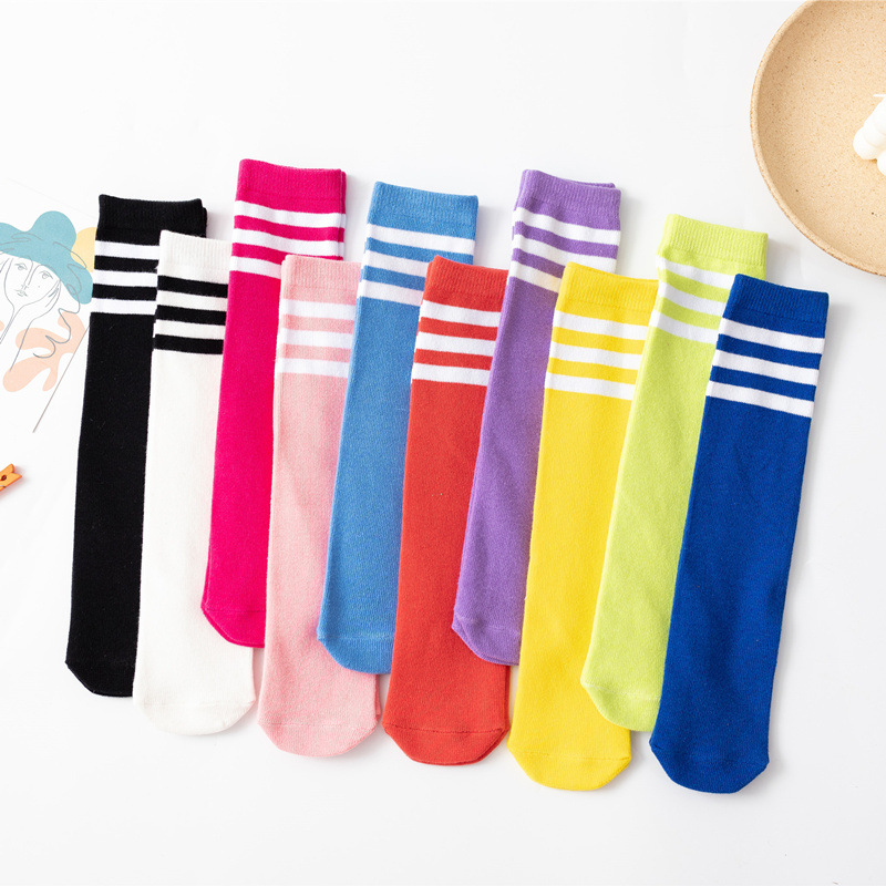 Children's Piled Socks Straight Non-Heeled Bright Color Three-Bar Mid-Size Socks All-Match Boys and Girls Socks for Big Kids Cuff Socks