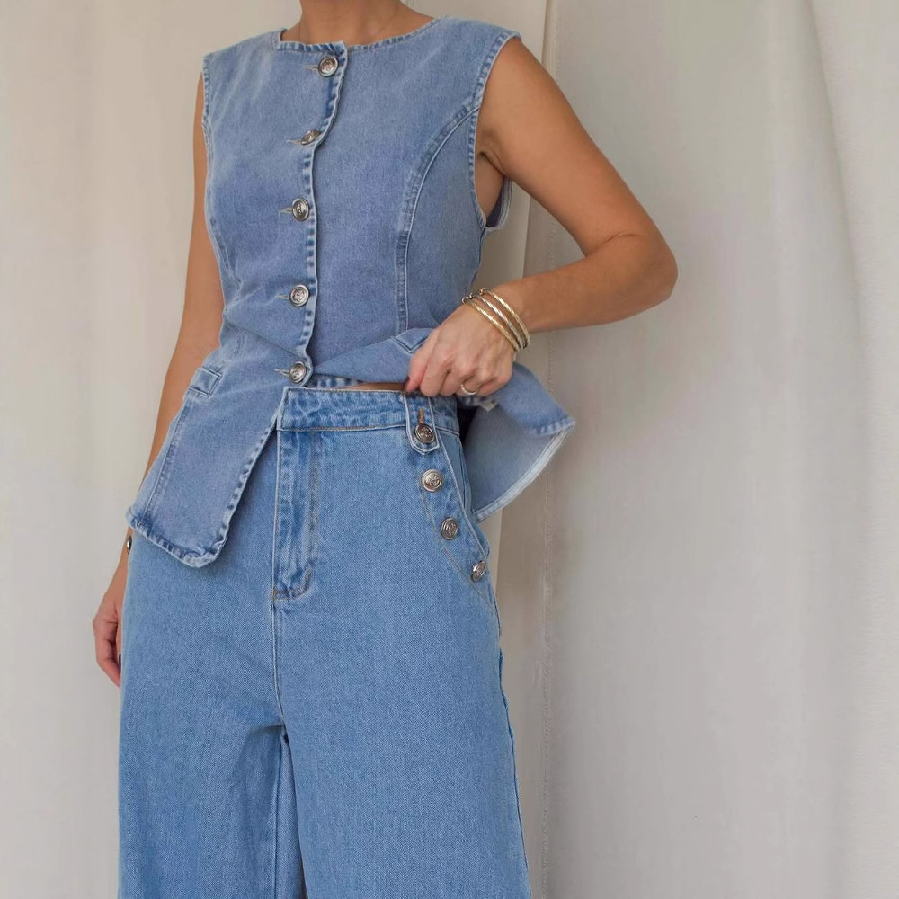 Cross-Border 2025 Fashionable Washed Sleeveless Vest Pants Suit High-Waist Slim Denim Pants Wide-Leg Pants for Women