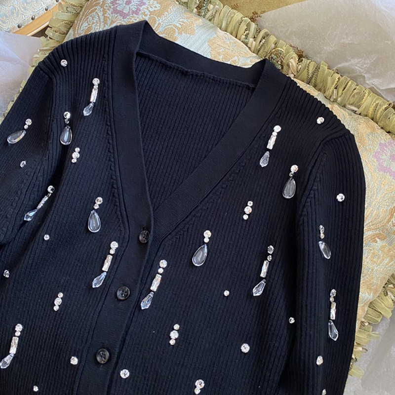 Picture of Miu Style Beaded Diamond Long-Sleeved Knitted Cardigan V Neck Versatile Black Slimming Look Spring New Short Sweater for Women