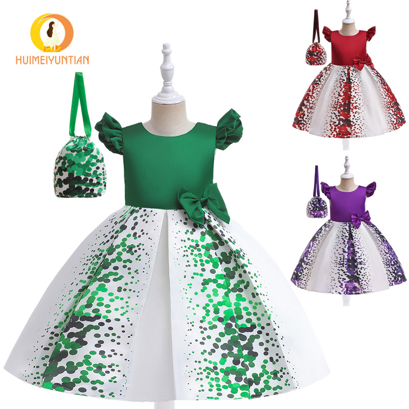In stock wholesale children's dress green printed puffy girl's dress Princess dress ball banquet catwalk host costume