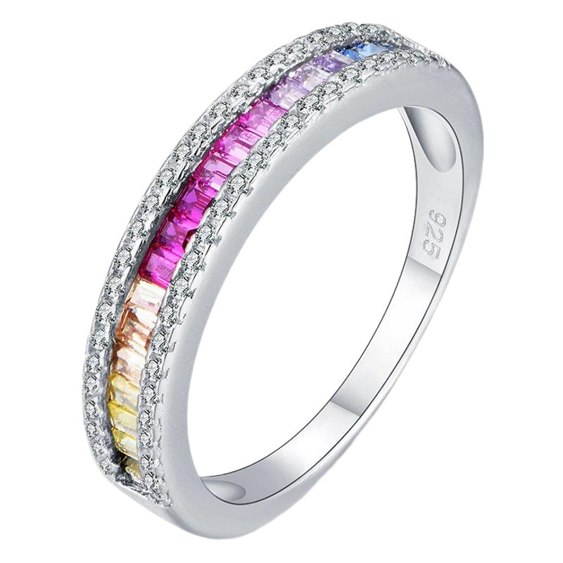 Peishang S925 Silver Micro-Paved Colorfulful Square Zircon Ring European and American Cross-Border Popular Accessories Wish Hot-Selling Hand Jewelry