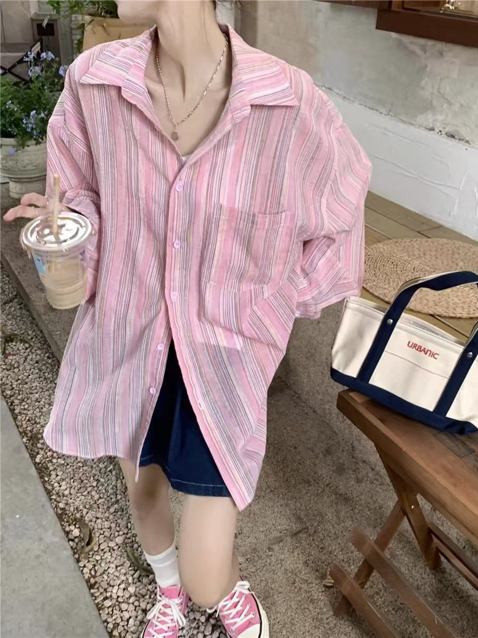 Korean Style Lazy Style Pinstripe Pink Shirt Women's 2025 Spring New Design Sense Chic Casual Long Sleeve Shirt