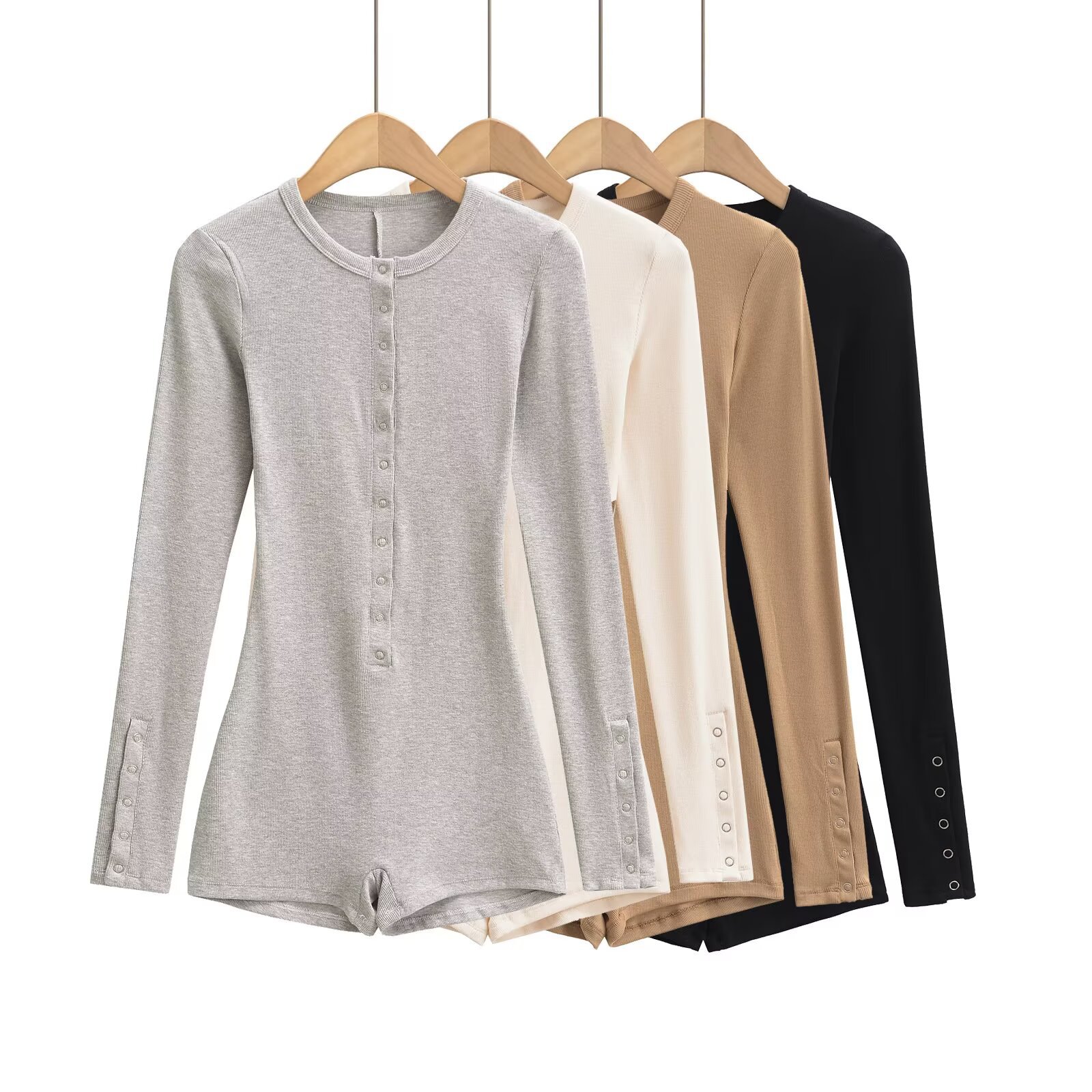 European and American Style Spring and Summer Small Round Neck Long Sleeve Threaded Cotton Elastic Tight Base Shorts Solid Color Multi-button Slim-fit