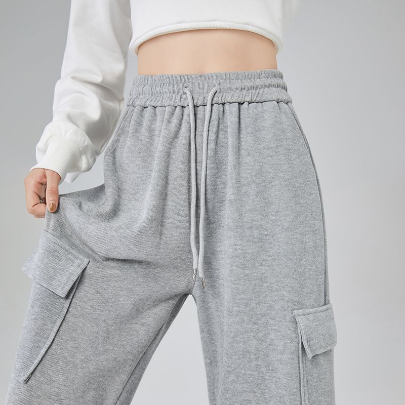 light gray American Caution Pants Women's Spring and Autumn High Waist Strap Dagging Straight Leg Wide Leg Pants Large Pocket Casual Sports Sweatpants