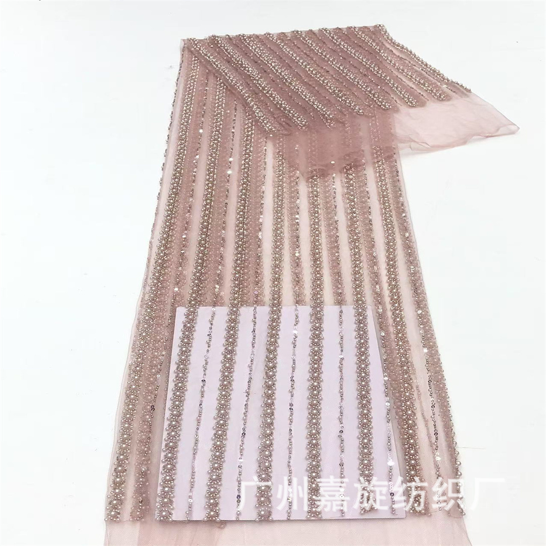 Vertical Stripe Textured Lace Mesh Wedding Dress Stage Costume Beaded Sequin Fabric Beaded Lace Fabric