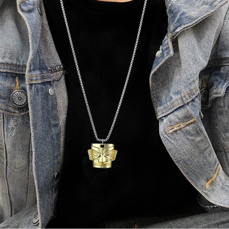 Picture of Ins National Trend Retro Sanxingdui Mask Gold Pendant Necklace for Men and Women Hip-Hop Cool Trendy Fashion Sweater Chain
