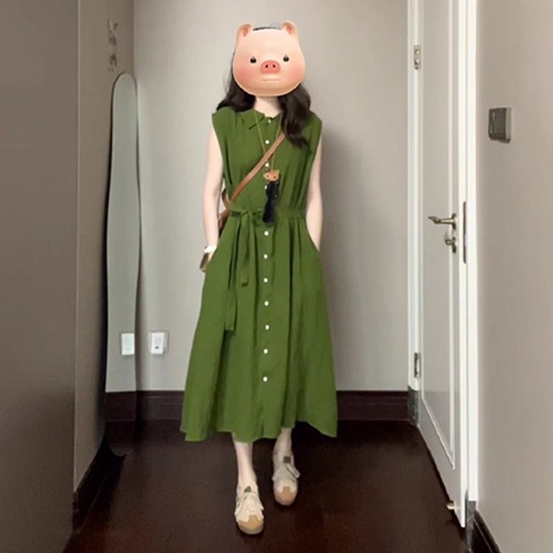 Tea Break French Elegant Green Sleeveless dress Children's Summer 2025 New Slim Slim Belly Covering Dress