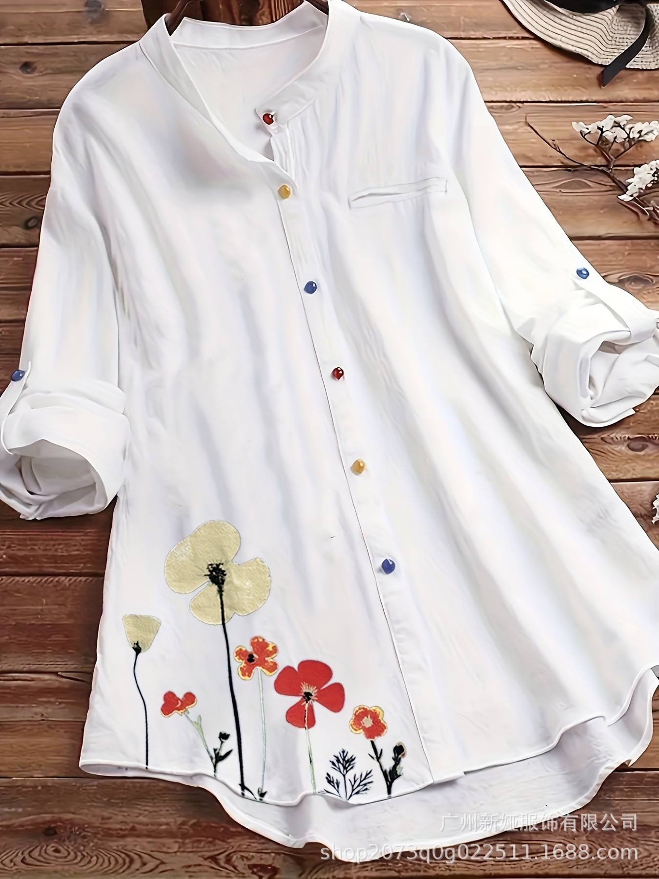 Spring and Autumn Cotton Linen Long-sleeved Blouse Women's Loose Printed Commuter Top