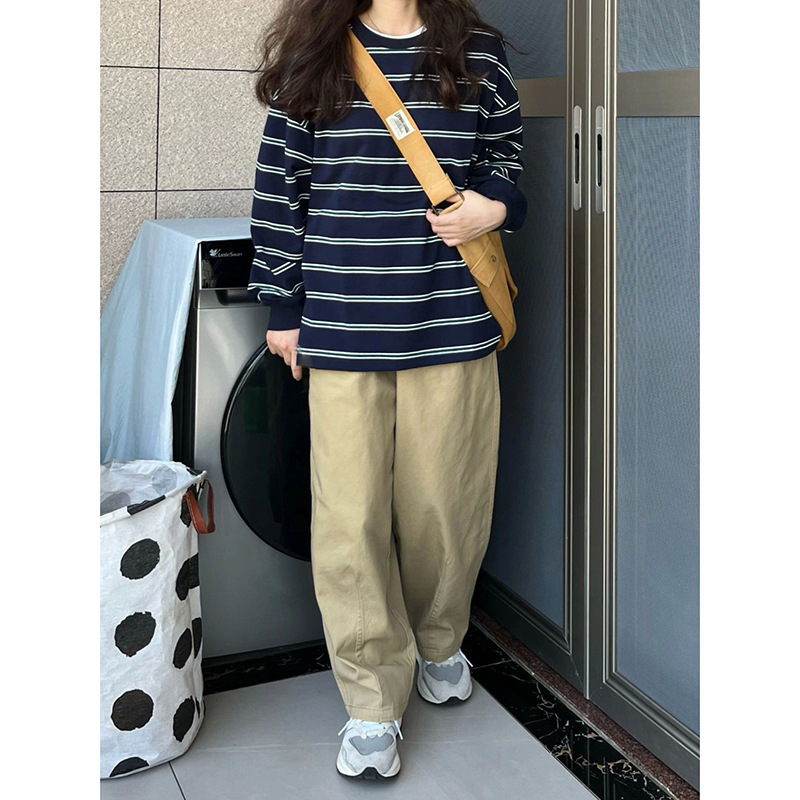 Picture of Chic Korean-style Striped Thin Sweatshirt Women's plus size Loose Autumn and Winter New Retro Long-sleeved Trendy Cross-border Top
