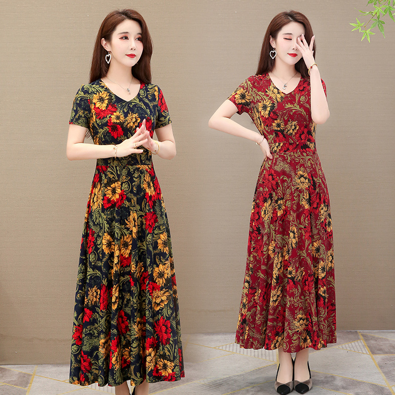 Large Size Women's Dress Women's 2021 Korean-style Summer Short-sleeved Printed Large Swing Dress for Middle-aged Mothers Over-the-Knee Long Dress