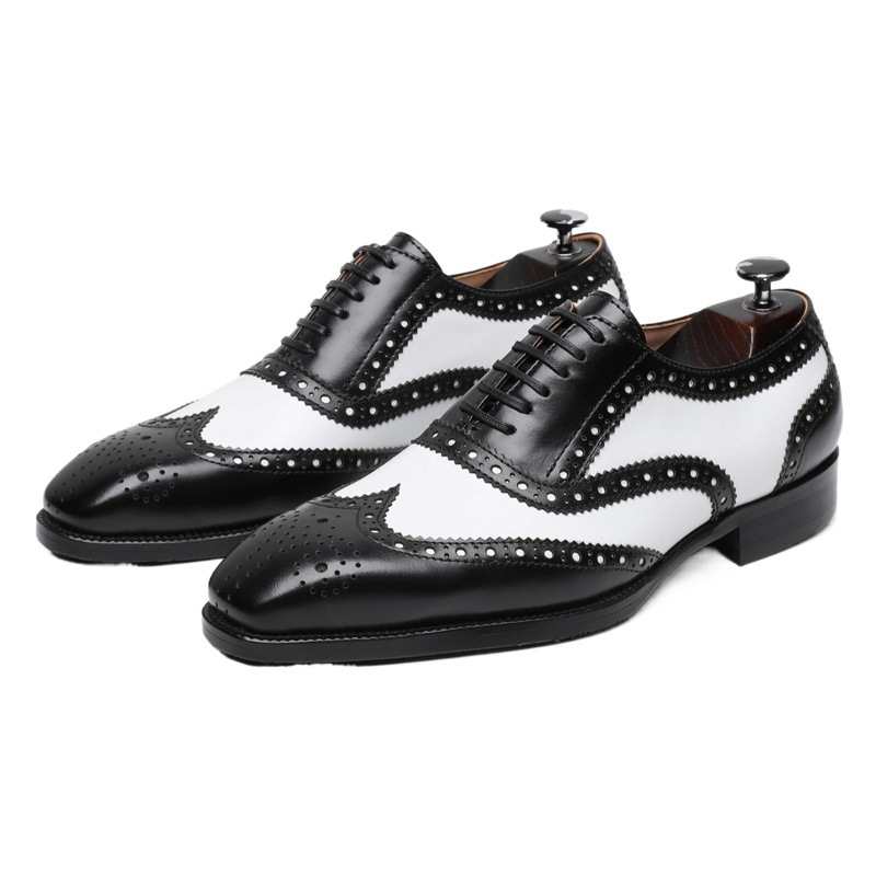 Men's Brogue Carved Stitching Leather Shoes Men's Genuine Leather Formal British Black and White Color Matching Champagne Oxford Shoes Business