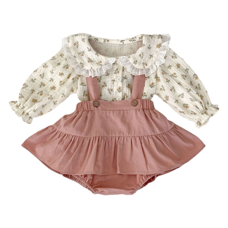Spring and Autumn Sweet Baby Carrier Harness Suit Cute Baby Girl Floral Lapel Shirt Bag Fart Skirt Two-Piece Set