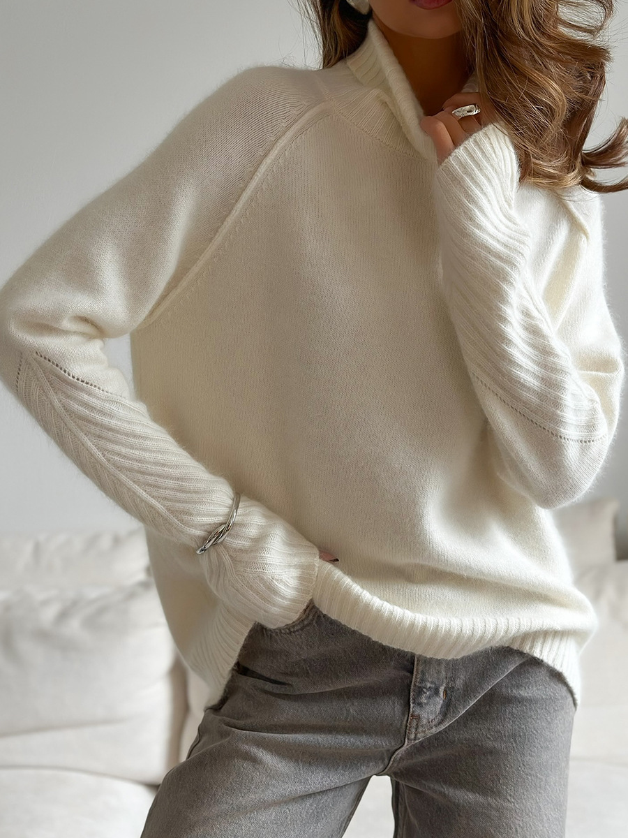 Cross-border high-neck pullover sweater from Europe and America 2025 autumn/winter new white knit sweater, loose casual knit sweater for women