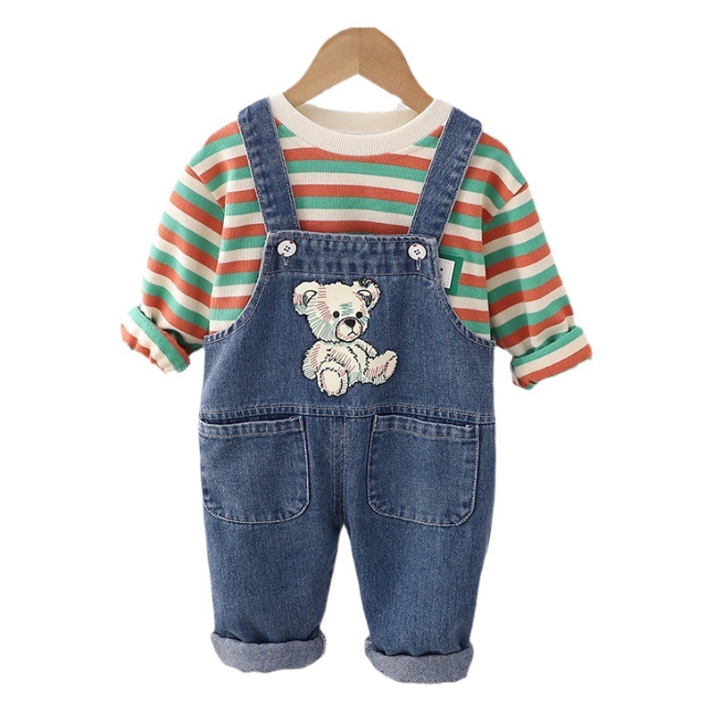 Autumn 2023 New Boys' Striped Crewneck Long-sleeved suit Boys' Casual Two-piece Set Trendy Hair